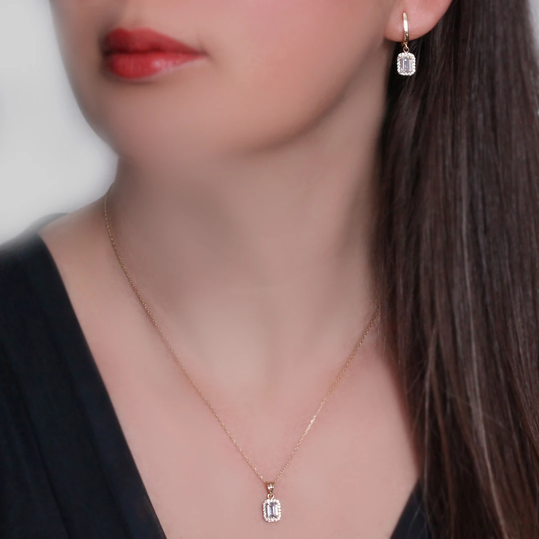 Altın Baget Taşlı Kolye Küpe Takım (TKM0060)