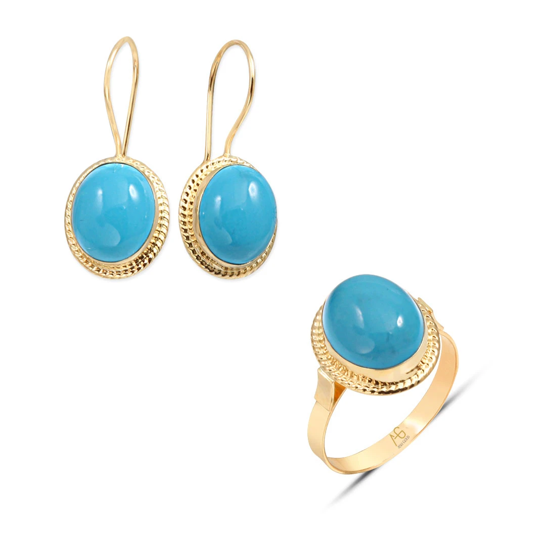 Altın Küpe Yüzük Firuze Taşlı Nostalji Takım (TKM0024)