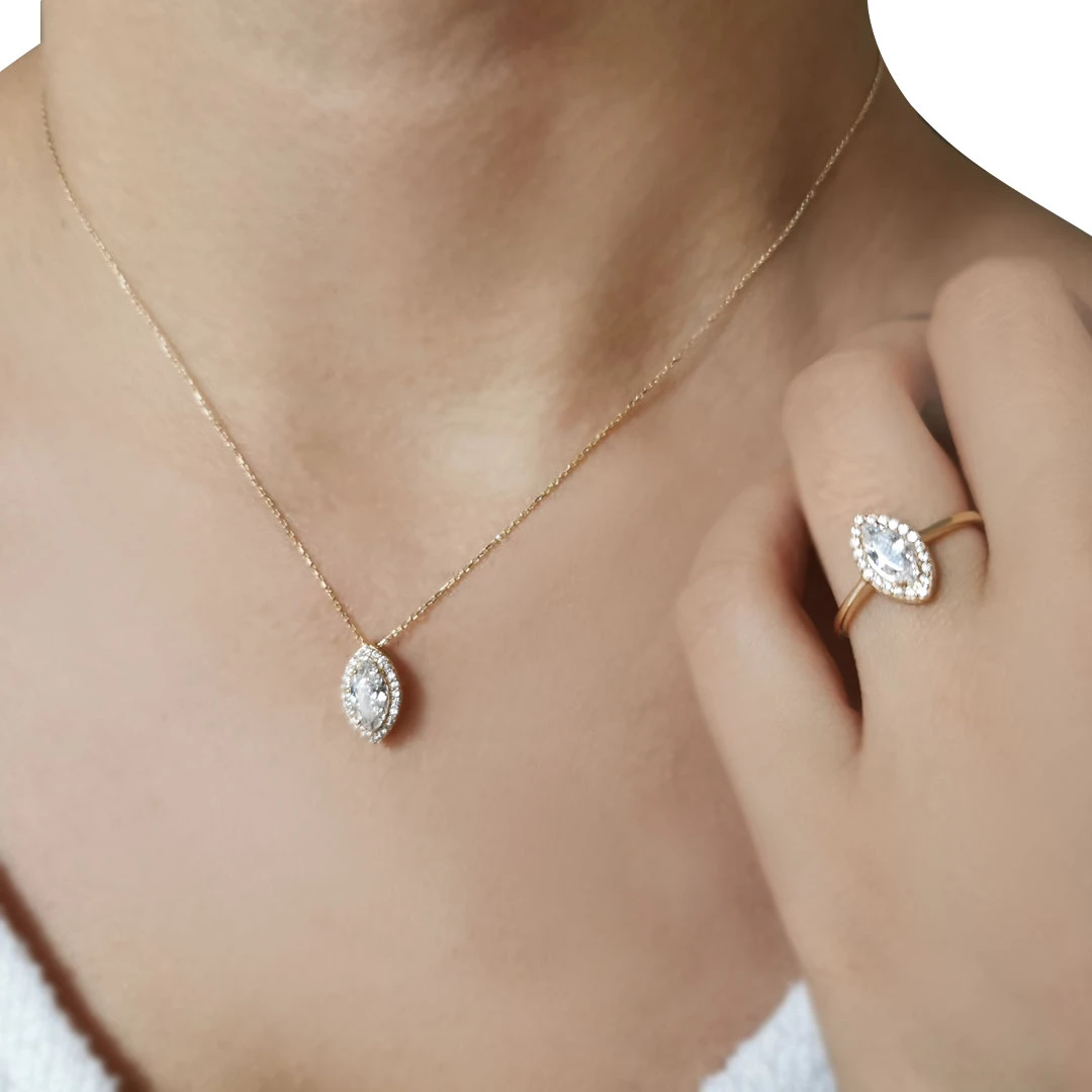 Altın Markiz Taşlı Kolye Yüzük Takım (TKM0062)