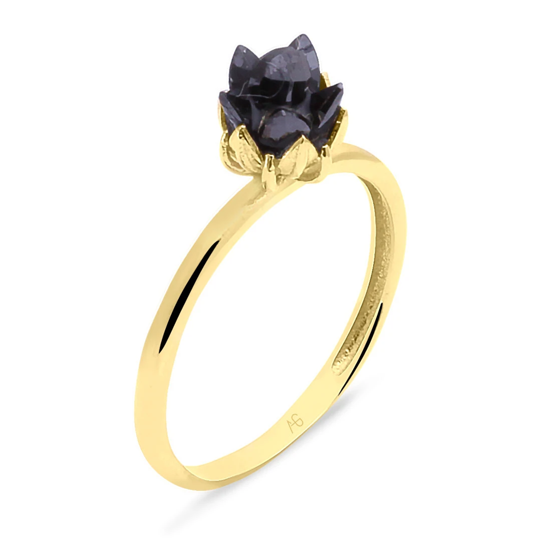 Altın Siyah Taşlı Lotus Çiçeği Yüzük (YZK0253)