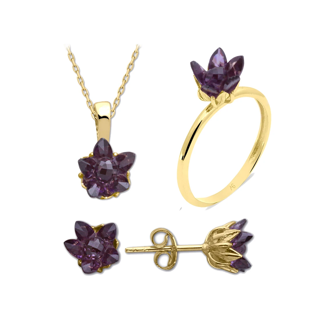 Ametist Taşlı Altın Lotus Çiçeği Set (TKM0084)