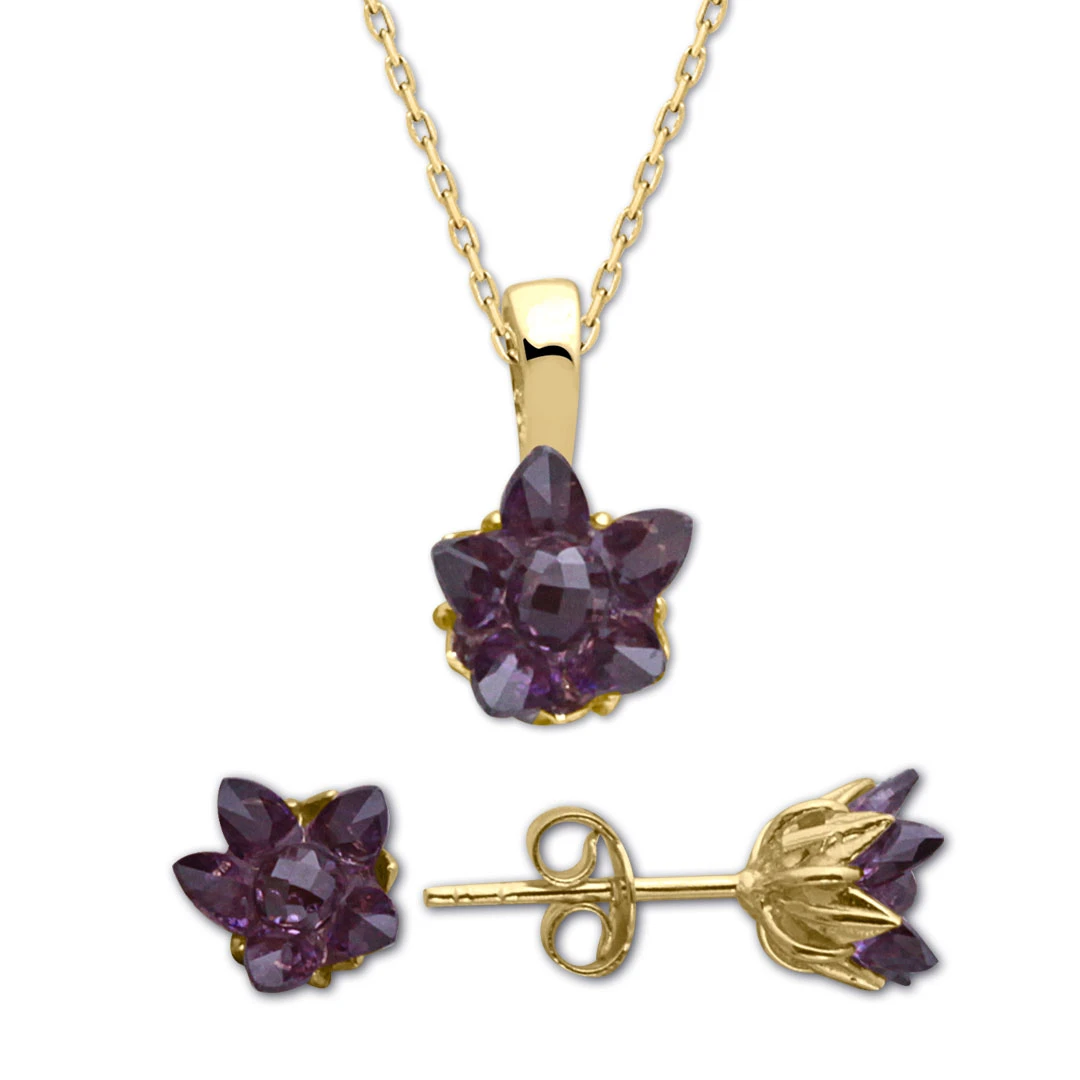Ametist Taşlı Lotus Altın Kolye Küpe Takım (TKM0083)