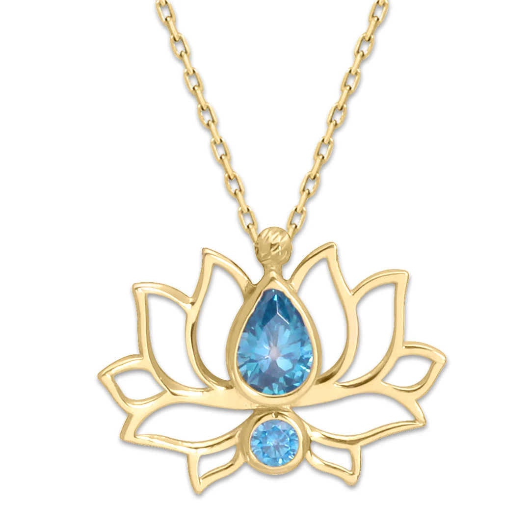 Aqua Marine Taşlı Altın Lotus Çiçeği Kolye