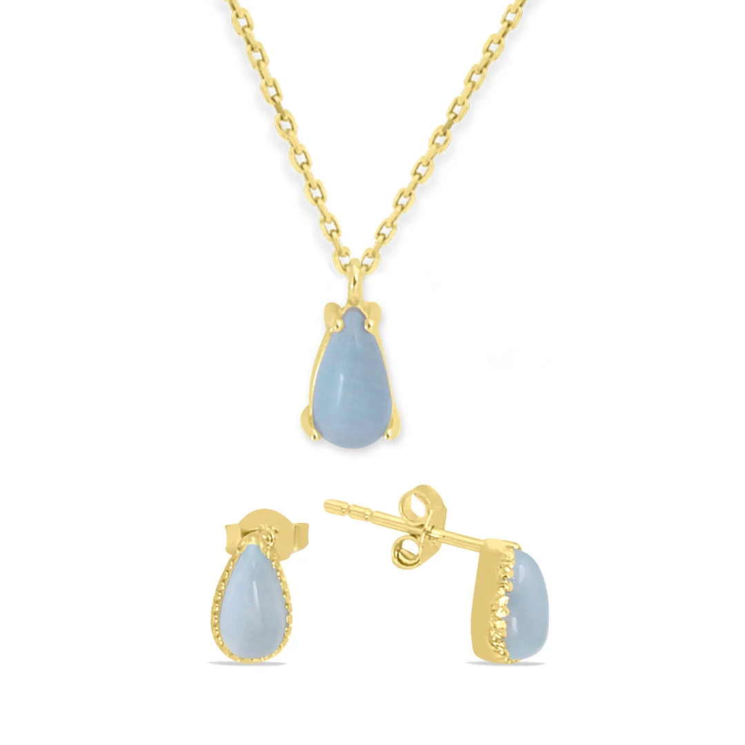 Aqua Mavi Taşlı Kolye Küpe Altın Takım (TKM0040)