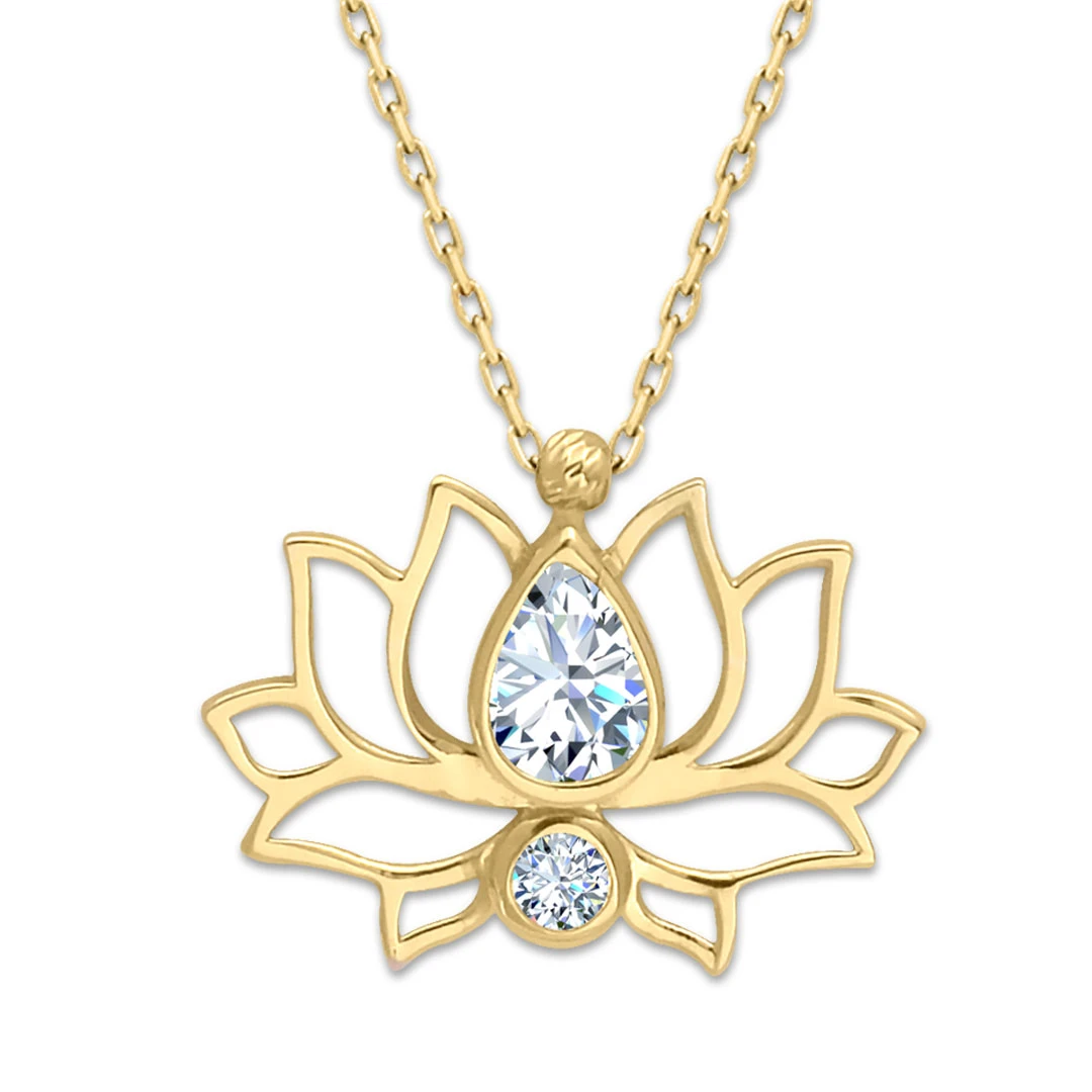 Beyaz Taşlı Altın Lotus Çiçeği Kolye