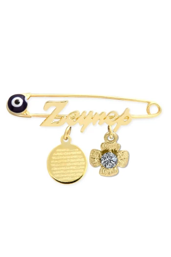 Çiçek Detaylı Dualı Altın Bebek İğnesi