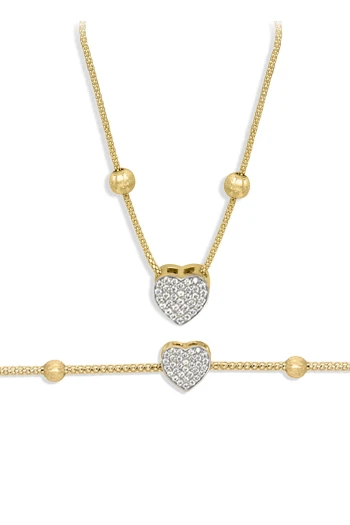 Çift Taraflı Siyah/Beyaz Taşlı Kalp Kolye Bileklik Takım