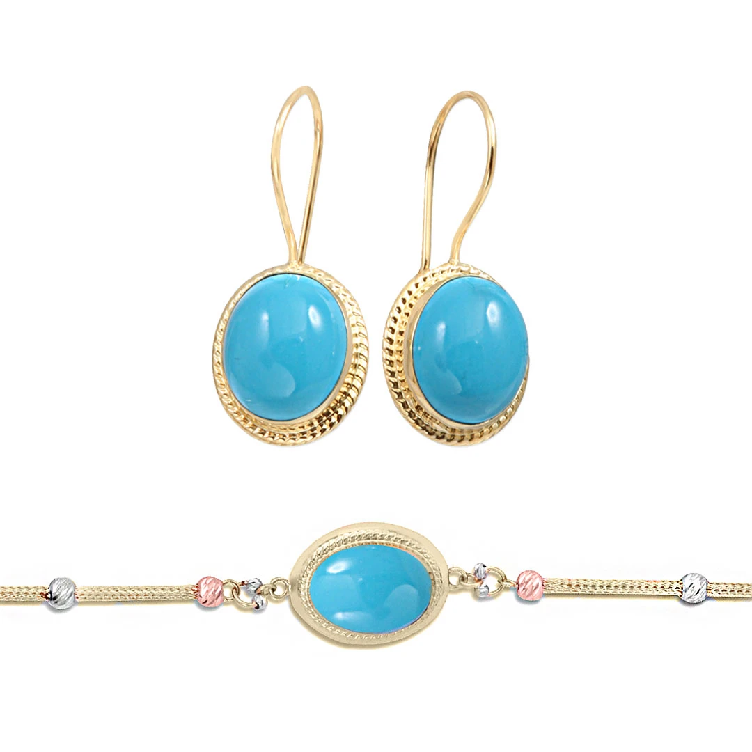 Firuze Taşlı Altın Bileklik Küpe Takım (TKM0037)