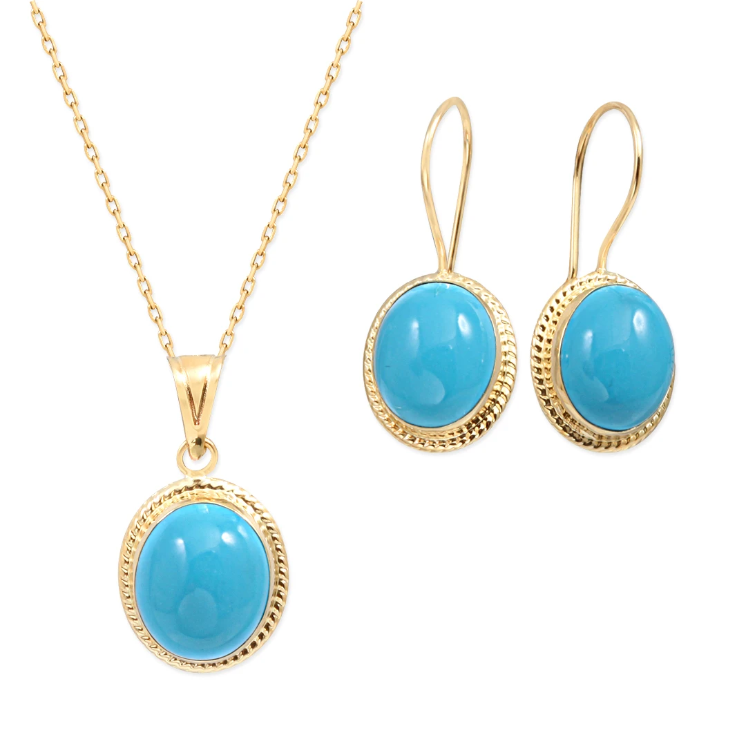 Firuze Taşlı Kolye Küpe Nostalji Altın Takım (TKM0022)