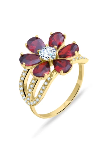Garnet Taşlı Altın Nergis Çiçeği Yüzük