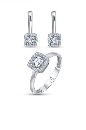 Kare Model Tektaş Beyaz Altın Takım