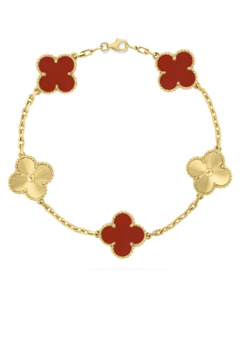 Kırmızı Taşlı Altın Beşli Yonca Bileklik
