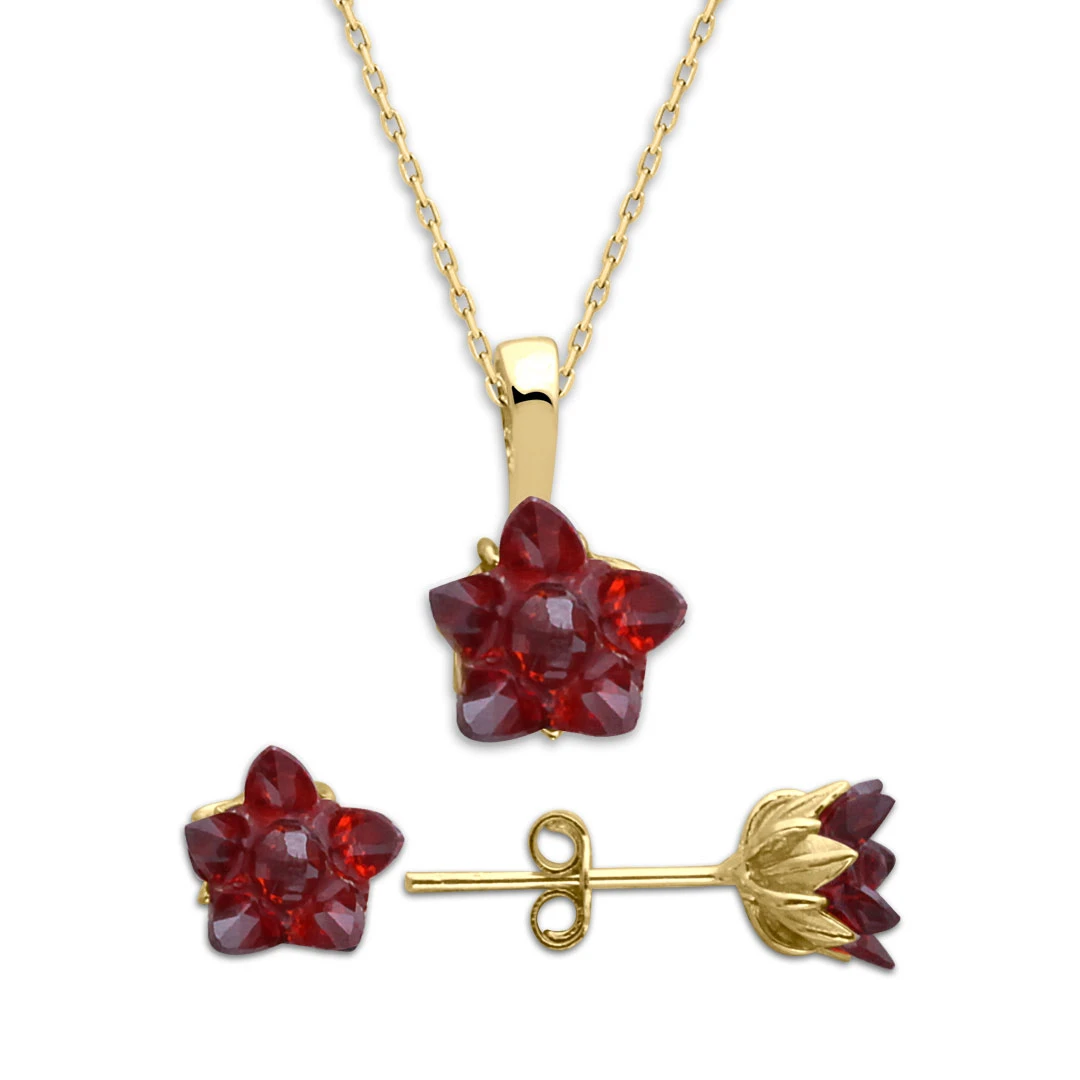 Kırmızı Taşlı Altın Lotus Kolye Küpe Takım (TKM0093)