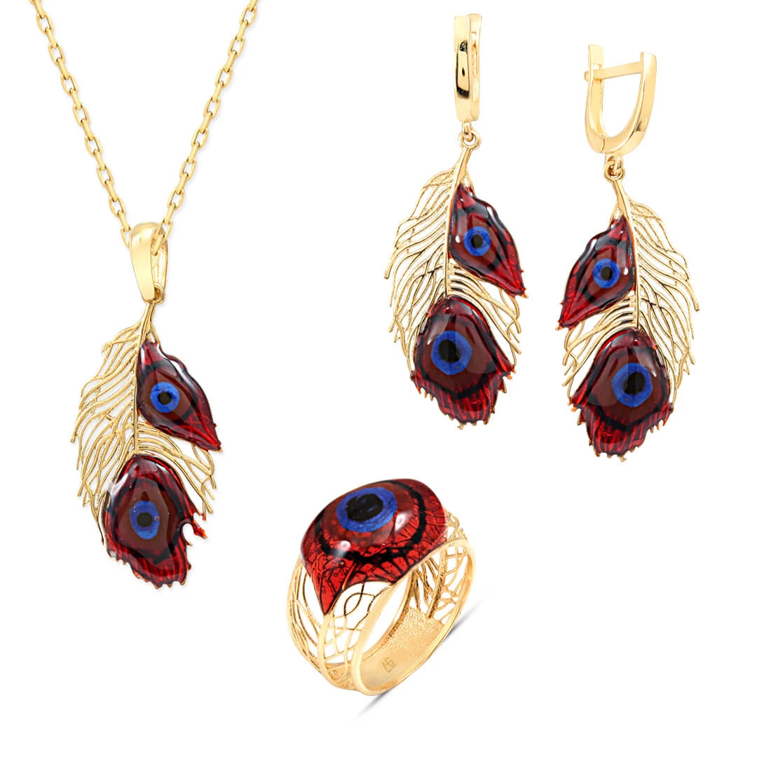 Kırmızı Tavus Kuşu Detaylı 3 &apos;Lü Altın Takım (TKM0012)