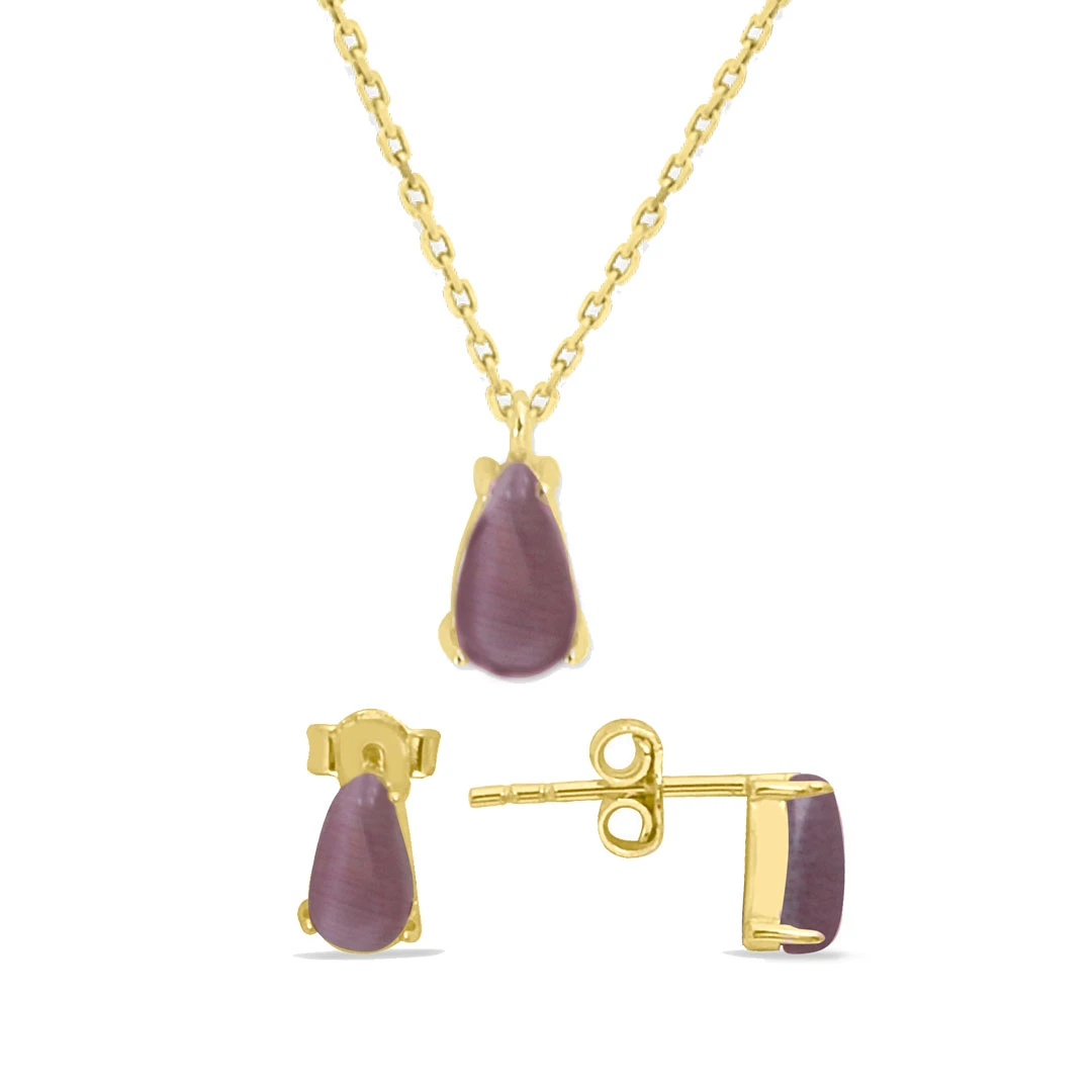 Mor Damla Taşlı Altın Minimal Takım (TKM0043)