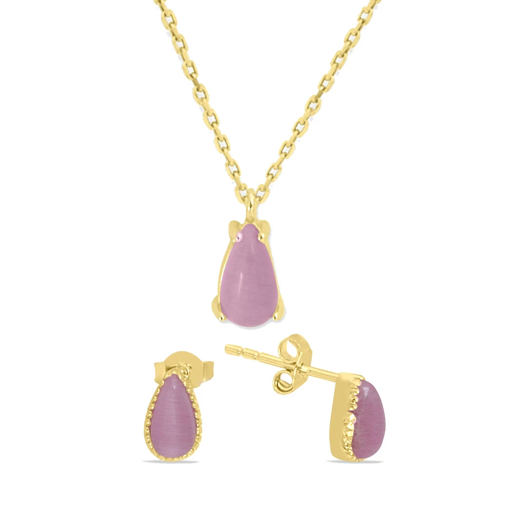 Pembe Damla Taşlı Altın Minimal Takım (TKM0042)