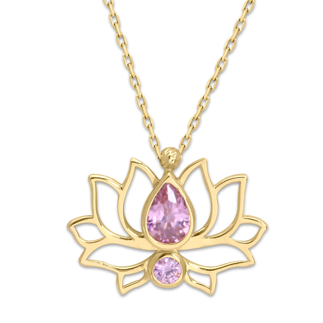 Pembe Taşlı Altın Lotus Çiçeği Kolye