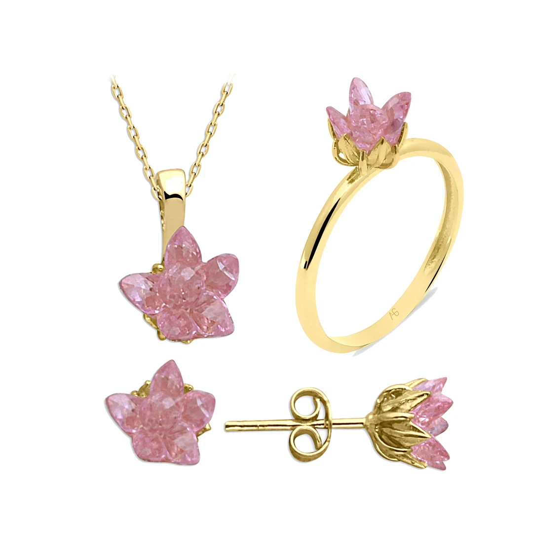 Pembe Taşlı Altın Lotus Çiçeği Set (TKM0086)