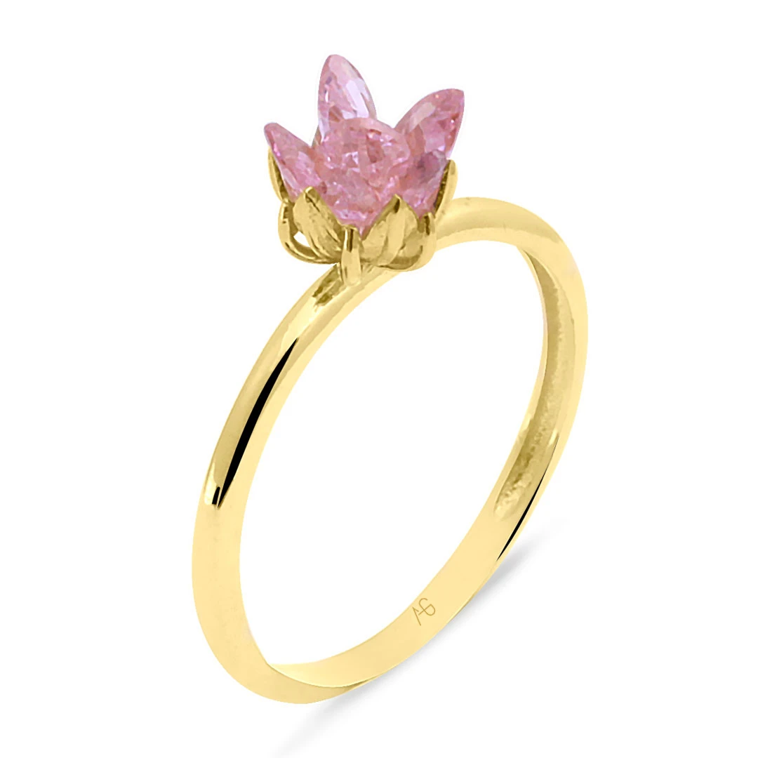 Pembe Taşlı Altın Lotus Çiçeği Yüzük (FTY0255)