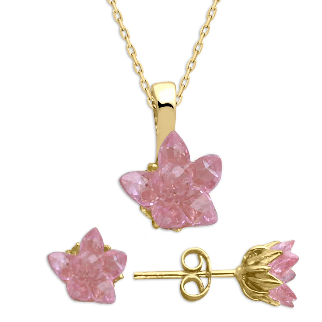 Pembe Taşlı Altın Lotus Kolye Küpe Takım (TKM0085)