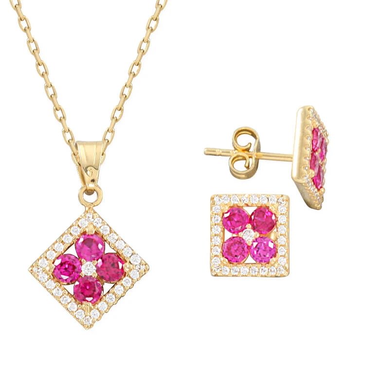 Renkli Taşlı Altın Kolye Küpe Takım (TKM0009)