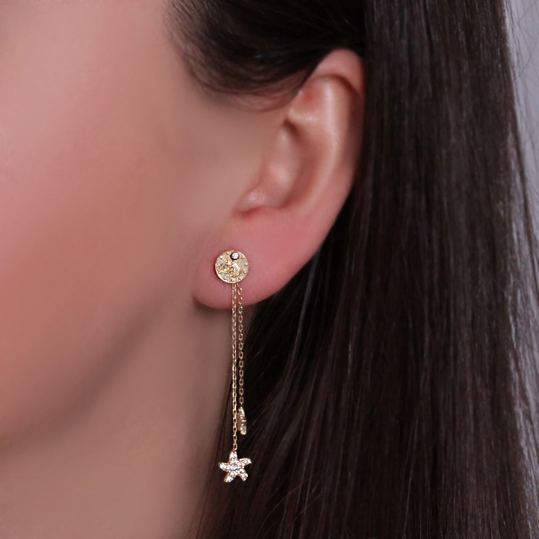 Sallantılı Altın Tuğralı Yıldız Küpe (KP0119)