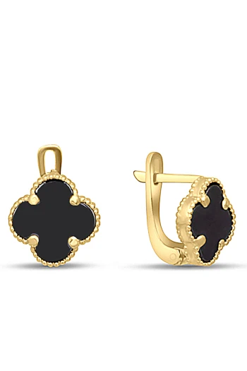 Siyah Onix Taşlı Altın Yonca Küpe