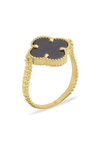 Siyah Taşlı Döner Başlı Yonca Yüzük