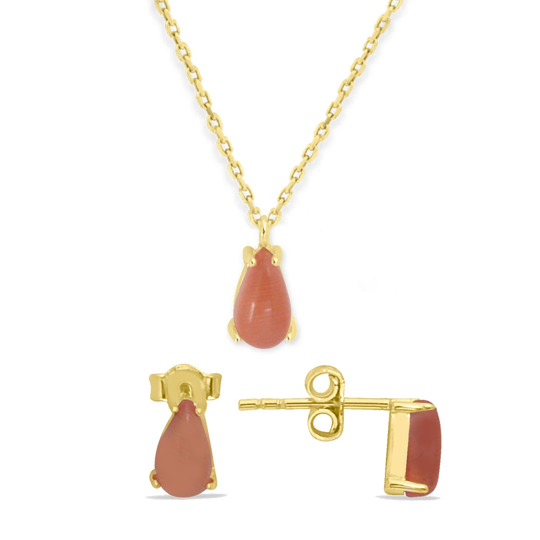 Turuncu Damla Taşlı Altın Minimal Takım (TKM0045)