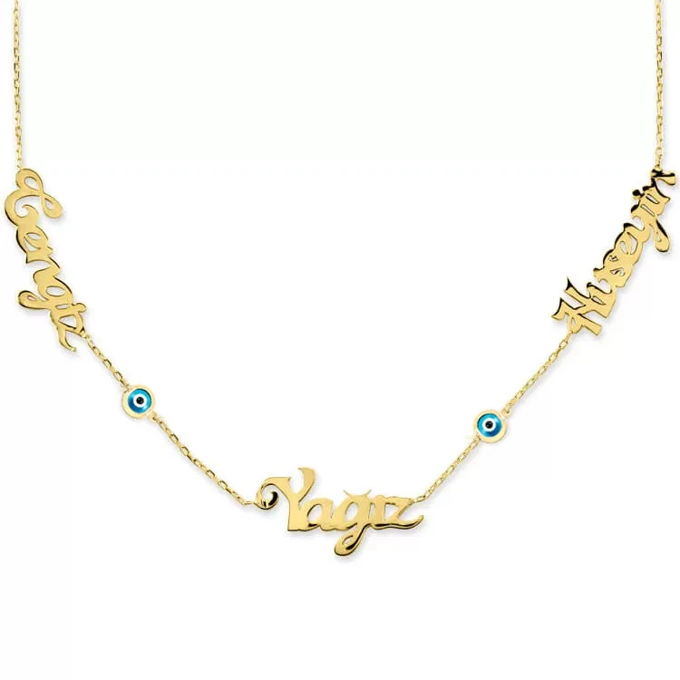 Üç İsim Nazar Boncuk Detaylı Altın Kolye