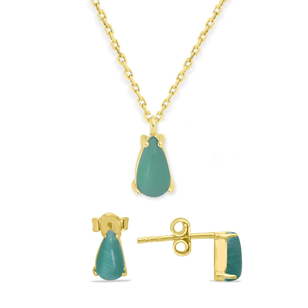 Yeşil Damla Taşlı Altın Minimal Takım (TKM0044)