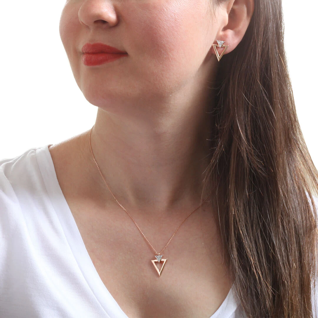 Zirkon Taşlı Üçgen Altın Kolye Küpe Takım (TKM0001)