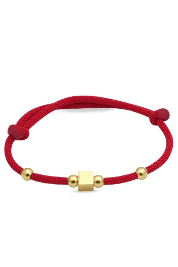 Altın Kırmızı İpli Toplu Küp Bileklik (BLK0322)