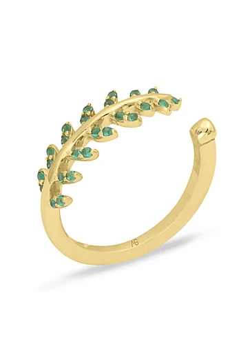 Yeşil Taşlı Altın Yaprak Yüzük