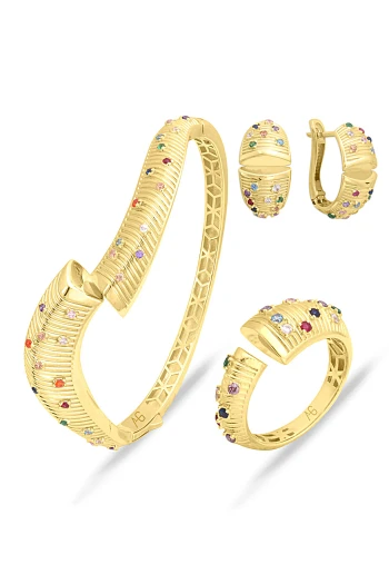 Altın Otantik Renkli Taşlı Üçlü Takım (TKM0341)