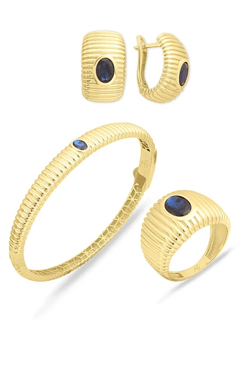 Mavi Taşlı Altın Bombe Yüzük Küpe Bilezik Takım (TKM0348)