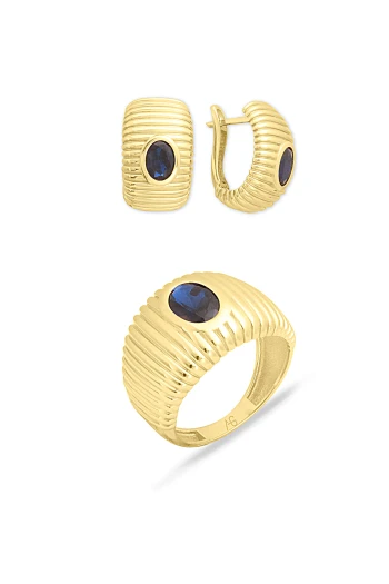 Mavi Taşlı Altın Bombe Yüzük Küpe Takım (TKM0347)