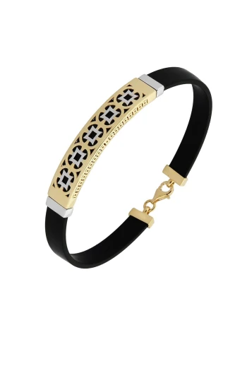 Siyah Çok Taşlı Altın Deri Erkek Bileklik (EBL0115)