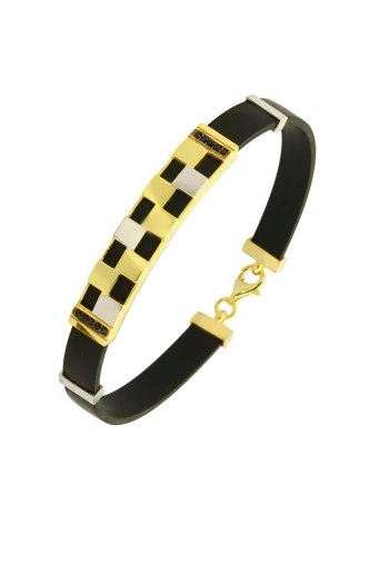 Siyah Taş Detaylı Altın Erkek Derili Bileklik (EBL0112)