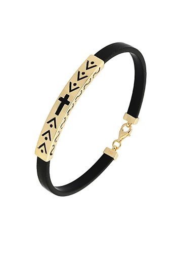 Siyah Taşlı Çivi Başı Deri Altın Erkek Bileklik (EBL0117)
