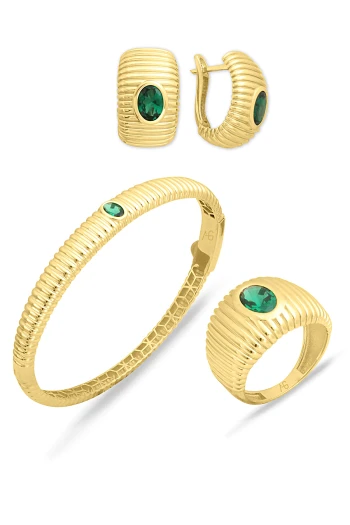 Yeşil Taşlı Altın Bombe Yüzük Küpe Bilezik Takım (TKM0346)