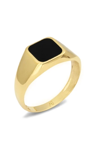 14 Ayar Altın Düz Model Siyah Mineli Erkek Yüzük (EYZ0206)