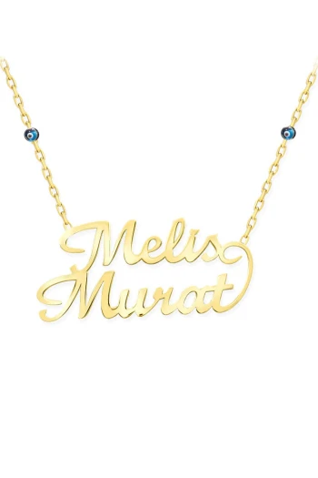 Altın 14 Ayar İki İsimli Nazar Bomcuklu Kolye (KLY1693)