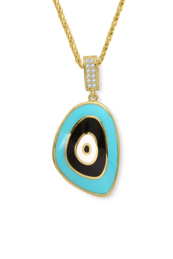 Altın Turkuaz Mineli Charm Kilit Nazar Kolye (KLY1698)