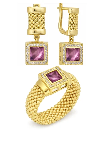 Altın Ametist Taşlı Cesika Yüzük Küpe Takım (TKM0370)