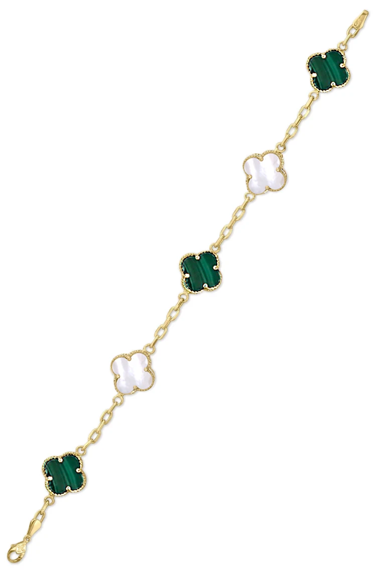 Altın Beşli Malakit Ve Sedef Yeşil Taşlı Yonca Bileklik (BLK1094)