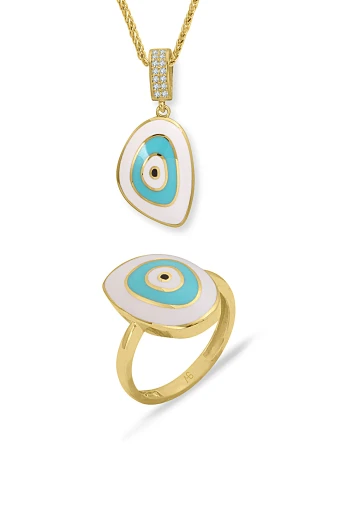 Altın Beyaz Turkuaz Mineli Nazar Yüzük Kolye Takım (TKM0363)