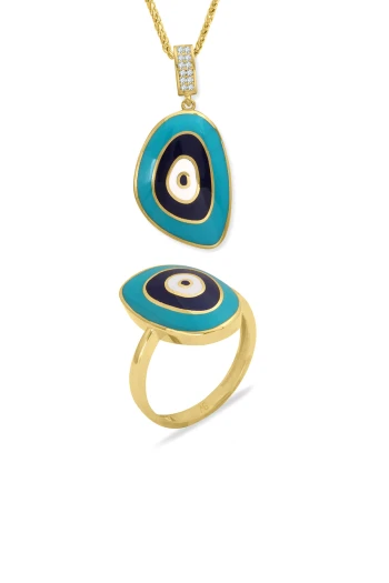 Altın Turkuaz Mineli Nazar Yüzük Kolye Takım (TKM0367)