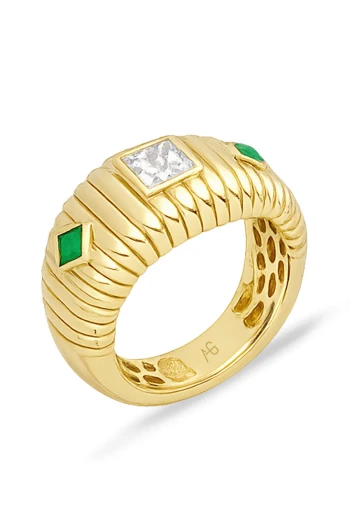 Altın Bombeli Yeşil Taş Detaylı Midye Yüzük (YZK1458)