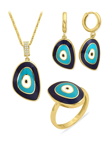 Altın Lacivert Mavi Mineli Nazar Üçlü Set (TKM0362)